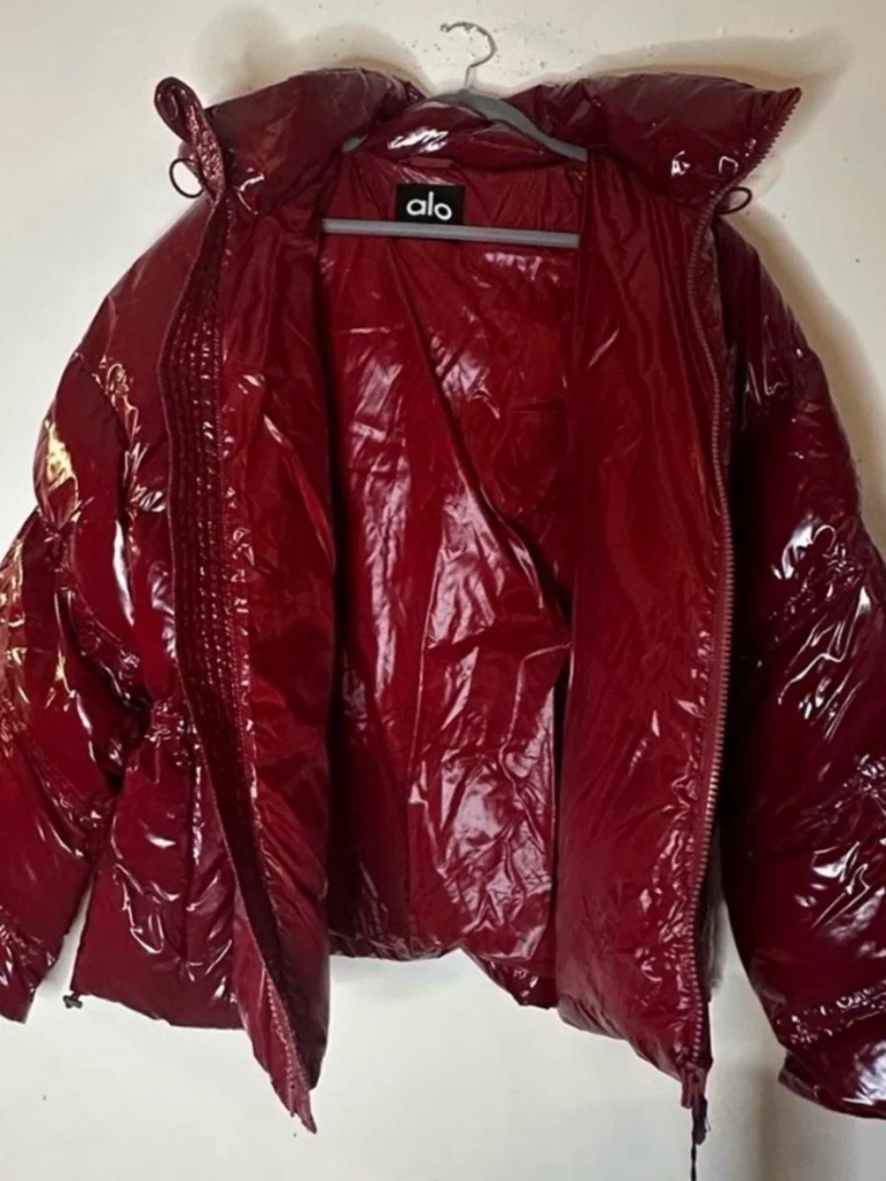 ALO Yoga Glossy Burgundy Hooded Puffer Jacket